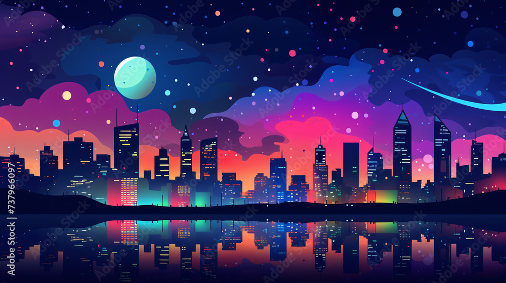 Multicolored night in the city drawing  flat city