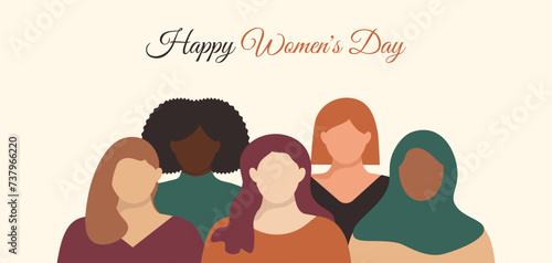 Happy Women's Day banner. Diverse Girls standing together. Sisterhood and females friendship minimalist faceless illustration