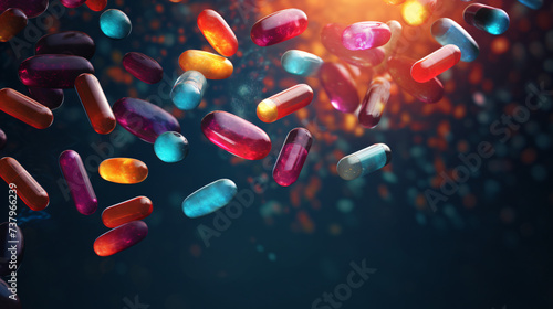 Multicolored scattering of tablets and capsules. photo