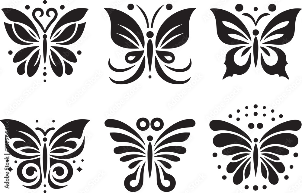 Set of butterflies vector silhouettes for logo, clipart design concept, isolated on a white background