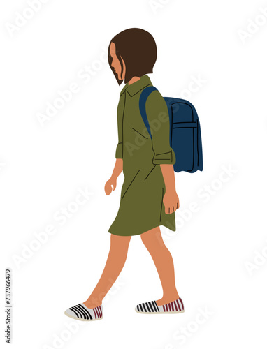 Kid girl walking to school with backpack side view. Child vector illustration isolated on transparent background.