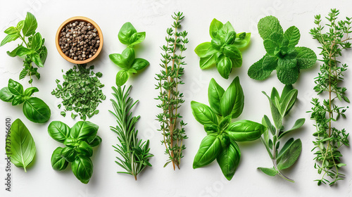 Mediterranean cuisine ingredients garden culinary herbs. Fresh thyme rosemary sage basil parsley mint black pepper corns on white table background photo