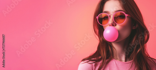 A beautiful young funny girl in pink clothes on a pink background inflates a large pink bubble gum ball in her mouth. Girl in pink glasses. Place for text. photo
