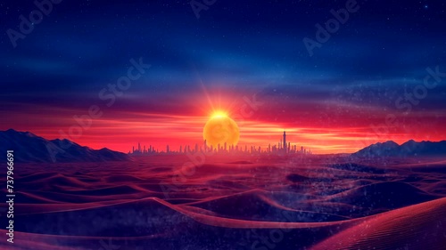 Desert with arabian downtown on sunset background with shooting stars. Seamless looping time-lapse 4k video animation background photo