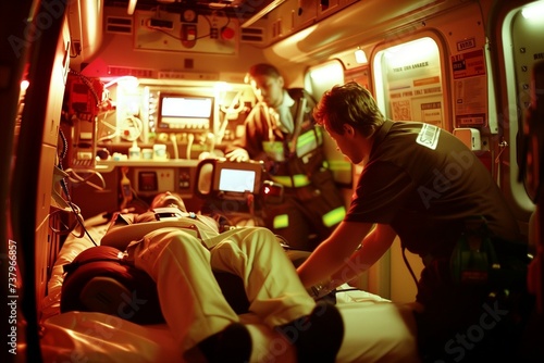Paramedics of the ambulance help the patient by taking him to the hospital