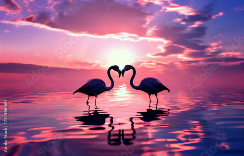 Two silhouetted flamingos stand in still water at sunset, their necks forming a heart shape, symbolizing romantic love.