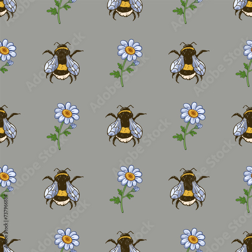 Seamless square pattern with bees and daisies.