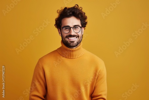 Young handsome man with beard wearing casual sweater and glasses over one color background, happy face smiling with crossed arms looking at the camera. Positive person - generative ai © Nia™