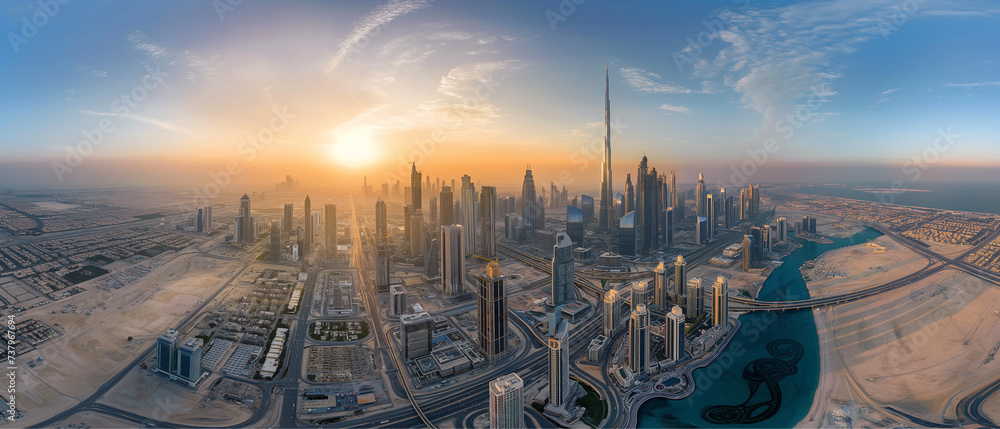 Obraz premium business city, city skyline with lake, panoramic view