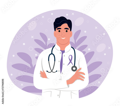 Purple awareness of ribbon. Doctor in medical uniform. Woman doctor portrait. Doctor with a stethoscope. Smiling therapist, general practitioner with crossed arms.