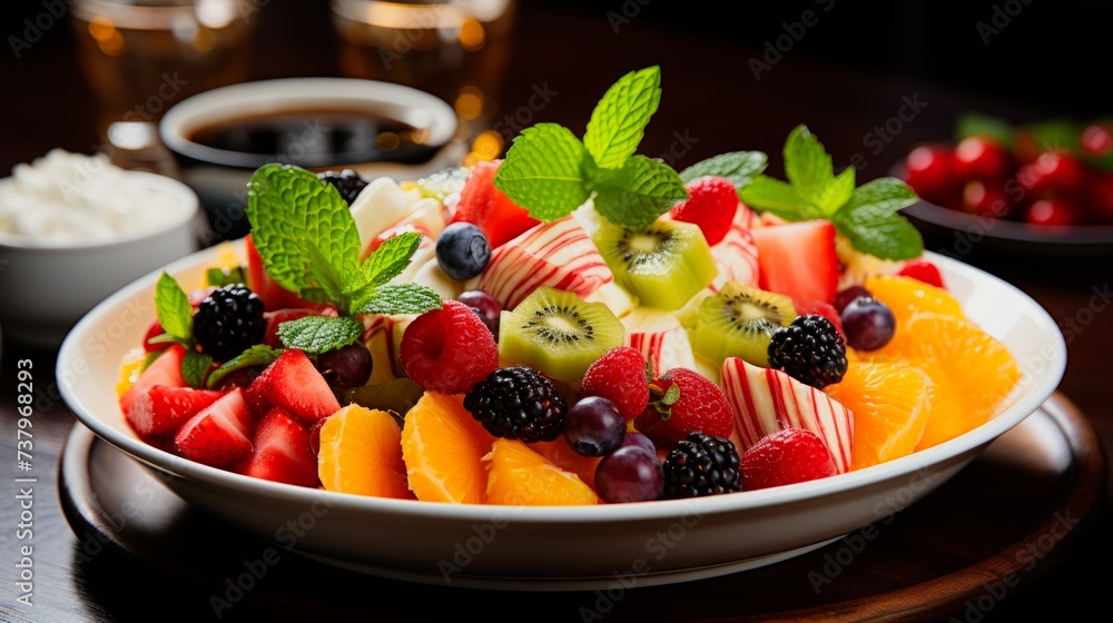 Fruit salad with fresh berries and fruits on a white plate. Fruit salad with fresh berries and fruits on a white plate.