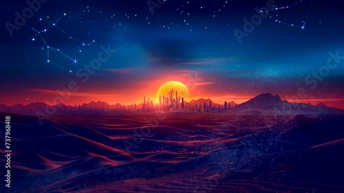 City in desert on sunset background. Seamless looping time-lapse 4k video animation background photo