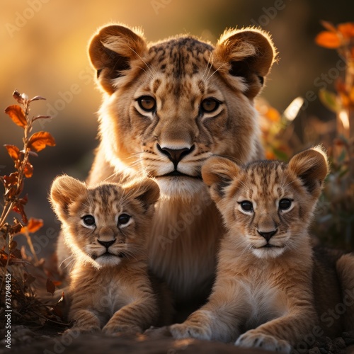 Portrait of a proud lioness with two cubs  they lie close to each other.