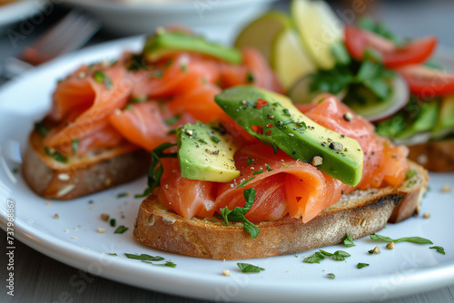 Toast with salmon and avocado on wooden plate. Idea for perfect breakfast