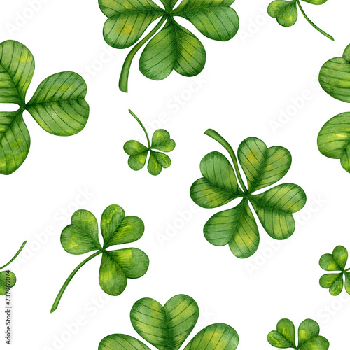 Seamless pattern. Watercolor drawing of clover leaves. St. Patrick's Day. The concept of summer holidays. Handmade work