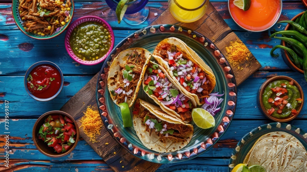 Wide variety of Mexican food with tacos.