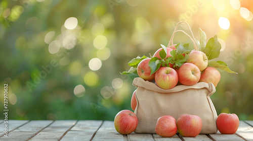Eco bag with fresh apples on wooden table against a blurred background, generative ai