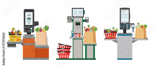 Set of self service checkouts with shopping bags full of food and shopping baskets in the supermarket isolated on white. Self service and self payment terminals. Contactless payment.