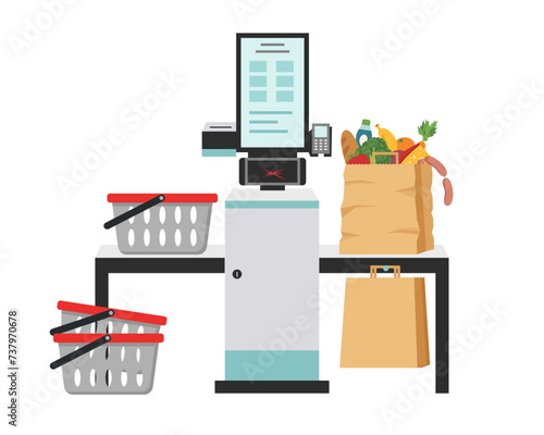 Self service checkout with shopping bag full of food and shopping baskets in the supermarket isolated on white. Self service and self payment terminal. Contactless payment.
