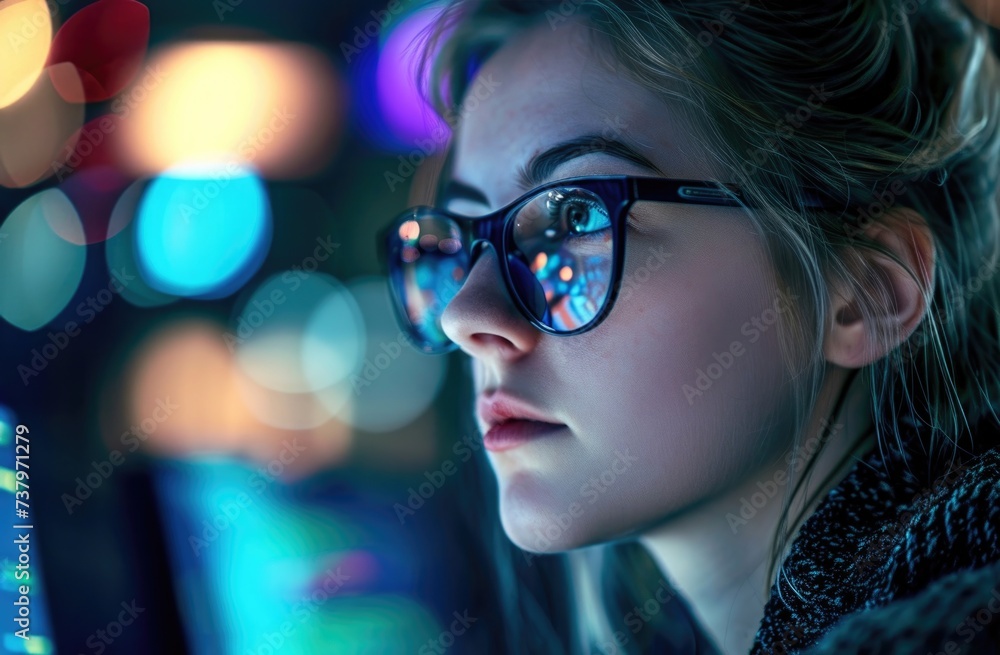 Focused young woman with reflection of city lights on glasses. Focused young woman with reflection of city lights on glasses.