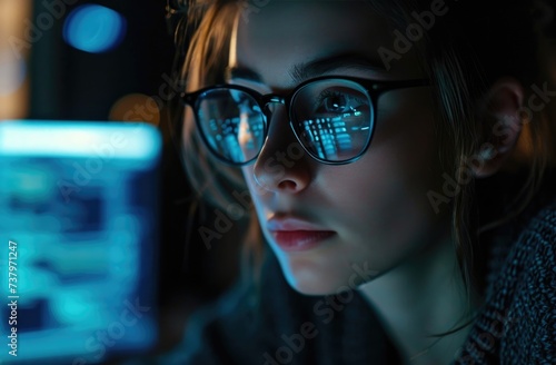 Thoughtful woman working late on multiple computer screens.