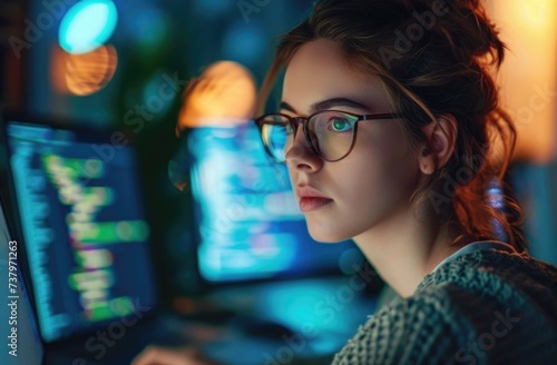 Thoughtful Woman Working Late on Multiple Computer Screens