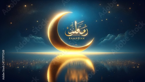 Illustration of a gold crescent moon on a deep blue night sky for ramadan.