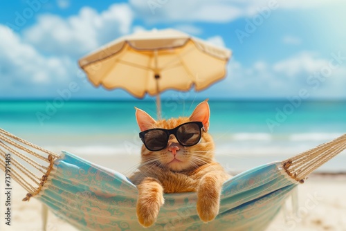 A cat wearing sunglasses relaxes in a hammock on the beach  enjoying the sunny weather.