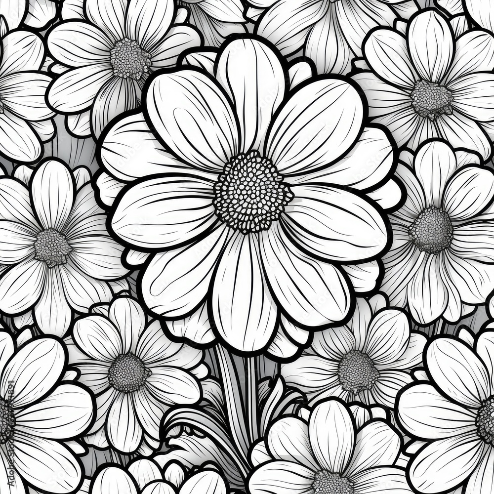 Simple Black and White Outline Flowers: Kids Coloring Book Page