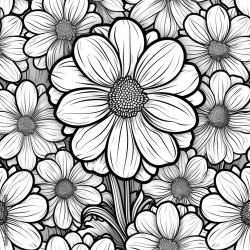 Simple Black and White Outline Flowers  Kids Coloring Book Page