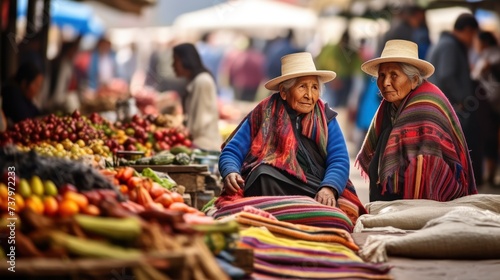 Local women selling the Andean textile at the morning market, photo