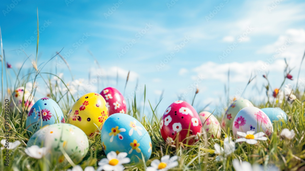 Colorful Easter eggs decorated with flowers in green grass on blue sky background with copy space for text, happy easter concept
