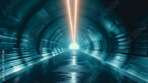 Dark Turquoise Metro Tunnel: Flattened Perspective with Illuminating Lights in Light Gray