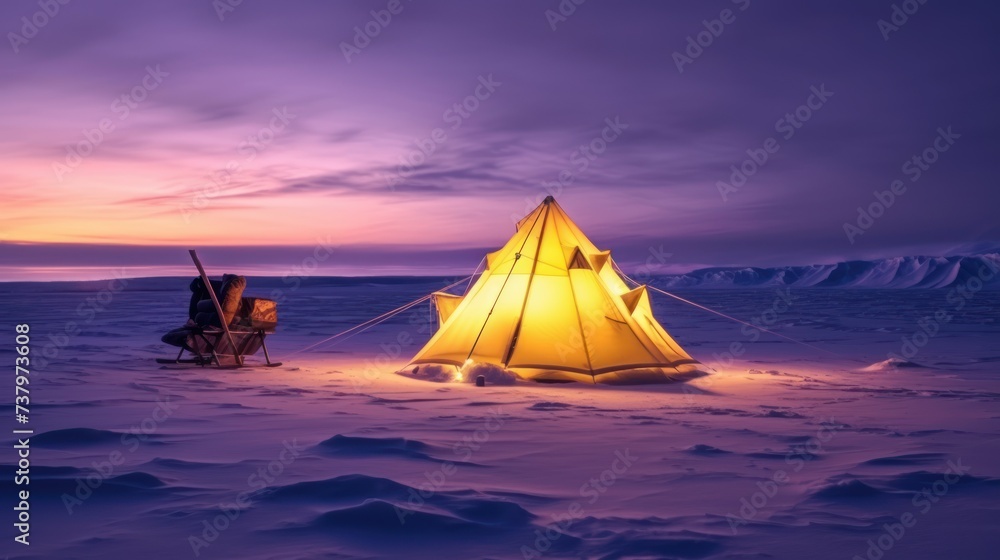landscape camping Tent with shining pink sky background