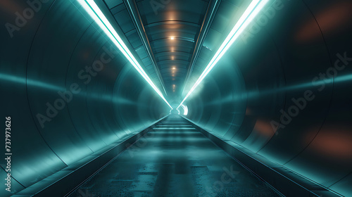 Dark Turquoise Metro Tunnel: Flattened Perspective with Illuminating Lights in Light Gray