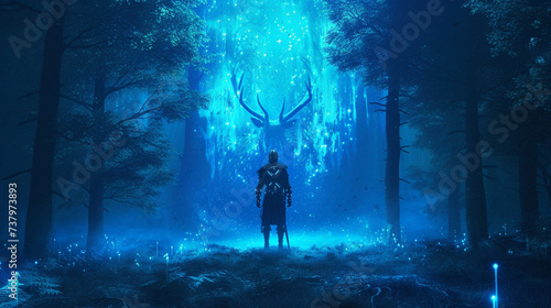 Conjure a surreal dreamscape with a neon sfumato portrayal of a Viking warrior surrounded by the enchanting allure of a forest