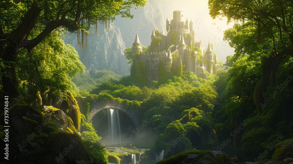 Create a magical scene with an ancient castle surrounded by a lush - obrazy, fototapety, plakaty 