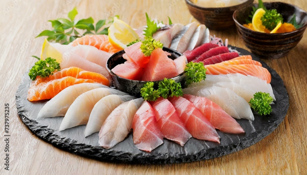 Sashimi presented in a Tasteful Way - Diverse different types of Sliced Fish - Japanese Cuisine - Fresh Seafood Sashimi presented in a Tasteful Way - Diverse different types of Sliced Fish - Japanese Cuisine - Fresh Seafood