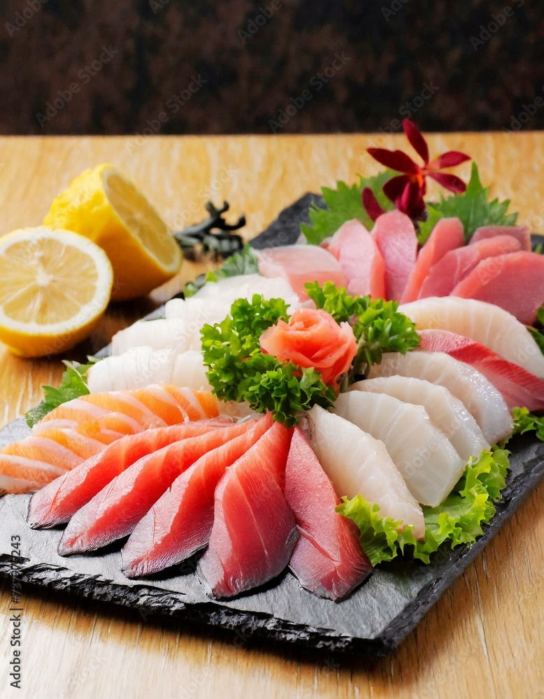Sashimi presented in a Tasteful Way - Diverse different types of Sliced Fish - Japanese Cuisine - Fresh Seafood Sashimi presented in a Tasteful Way - Diverse different types of Sliced Fish - Japanese Cuisine - Fresh Seafood