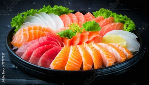 Sashimi presented in a Tasteful Way - Diverse different types of Sliced Fish - Japanese Cuisine - Fresh Seafood