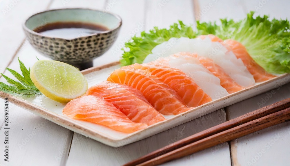 Sashimi presented in a Tasteful Way - Diverse different types of Sliced Fish - Japanese Cuisine - Fresh Seafood Sashimi presented in a Tasteful Way - Diverse different types of Sliced Fish - Japanese Cuisine - Fresh Seafood