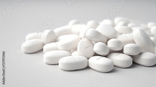 Pile of white round and oblong shape tablet pills.