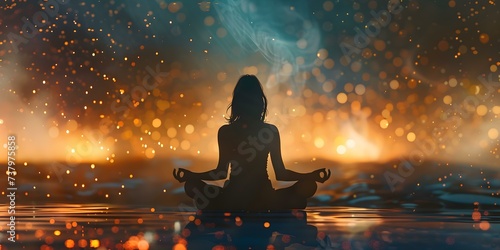 Woman meditates in lotus position against an enchanted backdrop of shimmering particles. Concept Enchanted Meditation, Shimmering Particles, Lotus Position, Tranquil Space, Spiritual Connection © Anastasiia