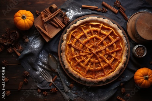 Pumpkin pie with empty space for text, top view
