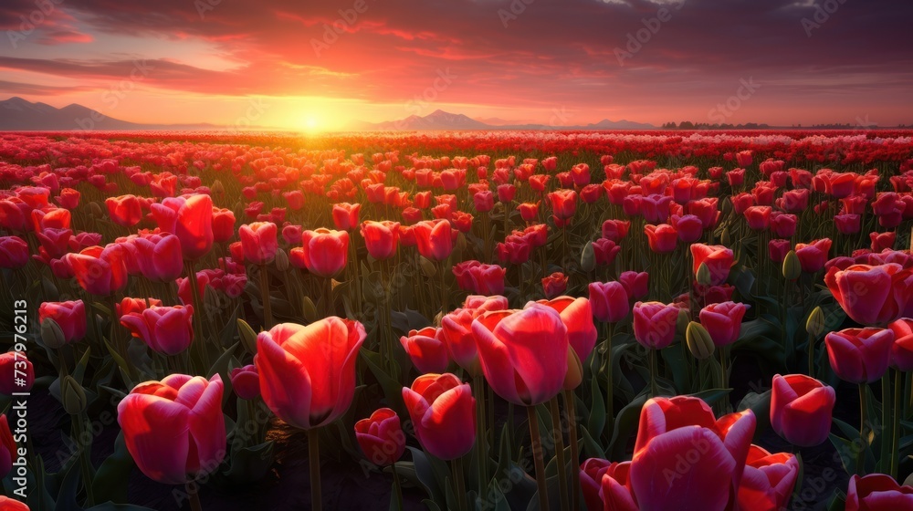 landscape view of sunset in a tulip field
