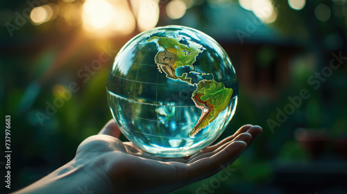 Earth Globe made of transparent glass ball sphere with translucent ocean in the palm for an environmental concept created with Generative AI Technology