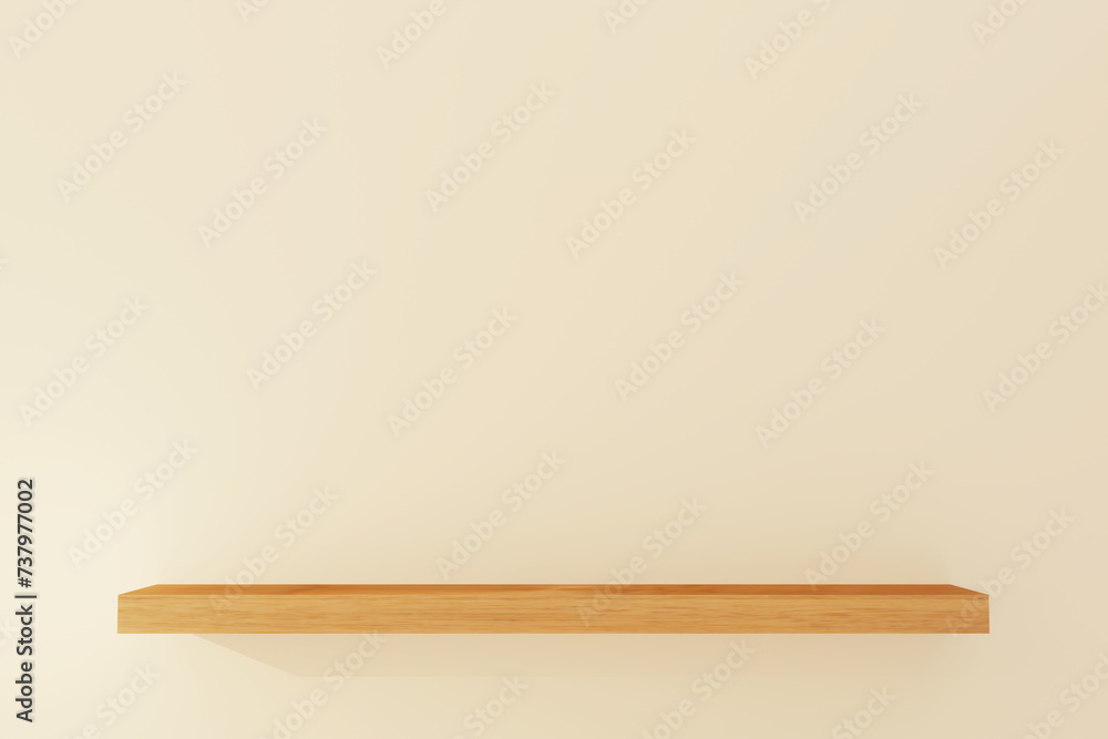 Obraz premium Front view of empty wooden wall shelf, mockup design for product, 3D Rendering