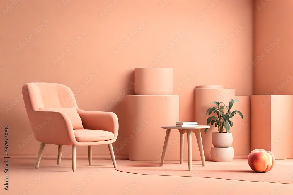 Peach fuzz room ,minimal interior livingroom. peach armchair with peach color paint wall. color of the year  . Mockup background. 3d render