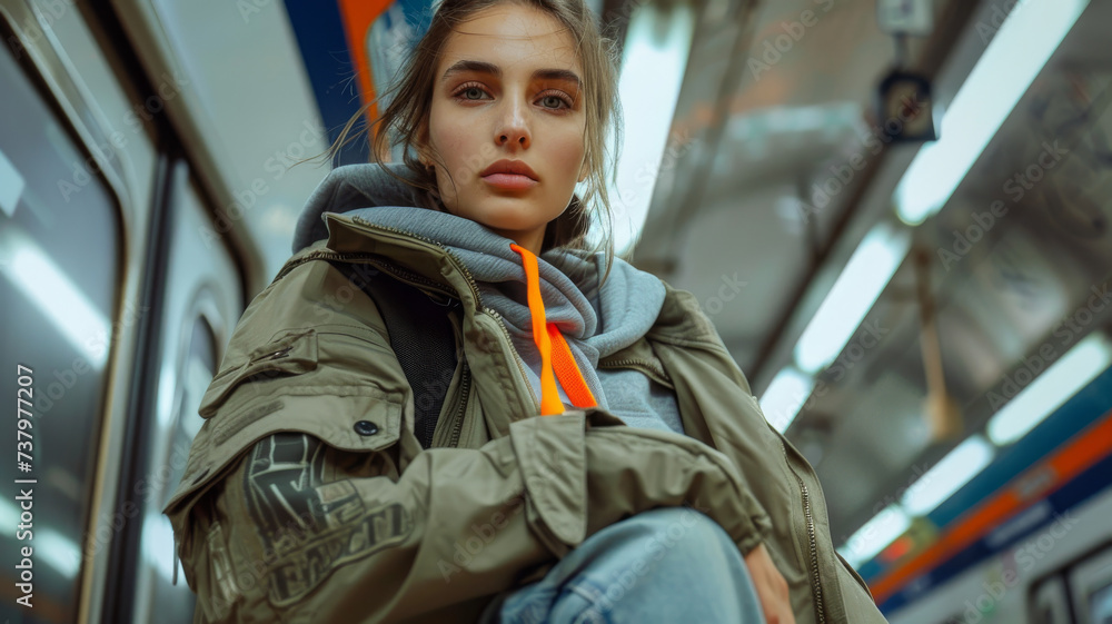 Obraz premium Female model in a subway car. Techwear clothing.