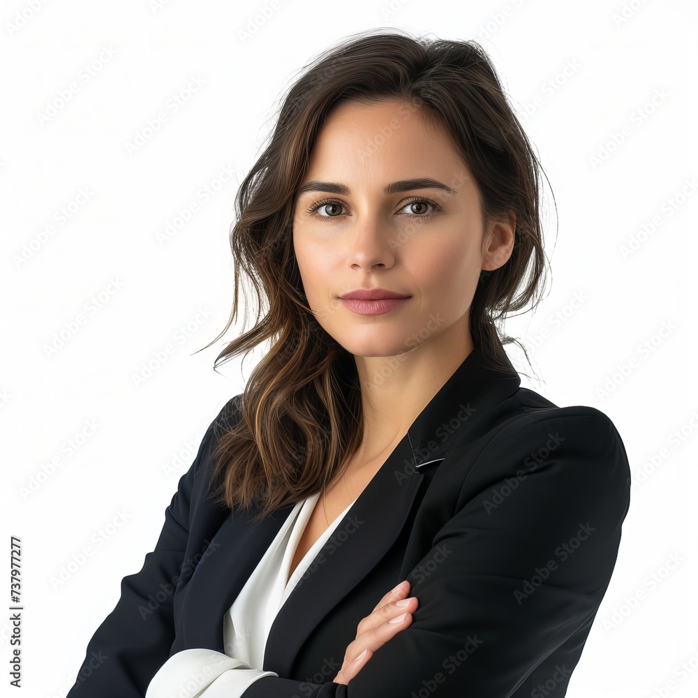 Confident Professional Woman in Black Blazer with Arms Crossed on White Background for Business Portraits Confident Professional Woman in Black Blazer with Arms Crossed on White Background for Business Portraits